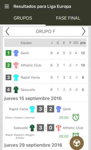 Resultados para Liga Europa 2017 / 2018 Fútbol App 1